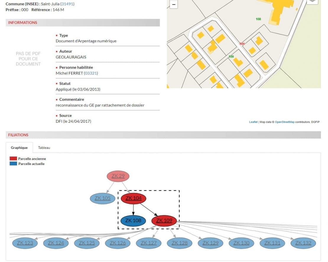 Document modificatif du parcellaire cadastral (DMPC) et historique d'une parcelle